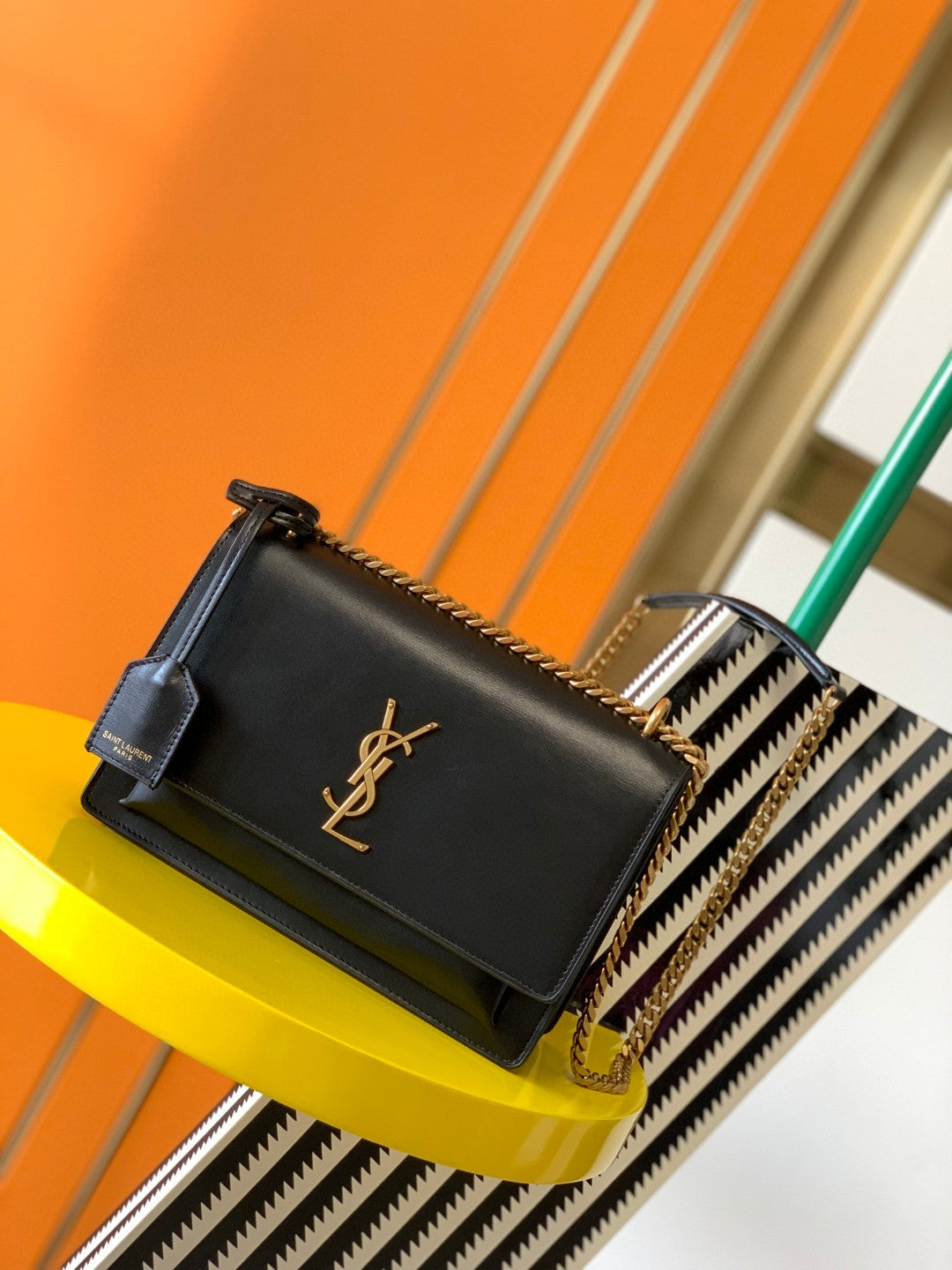 Saint Laurent Monogram Black Leather Shoulder Bag with Gold Chain