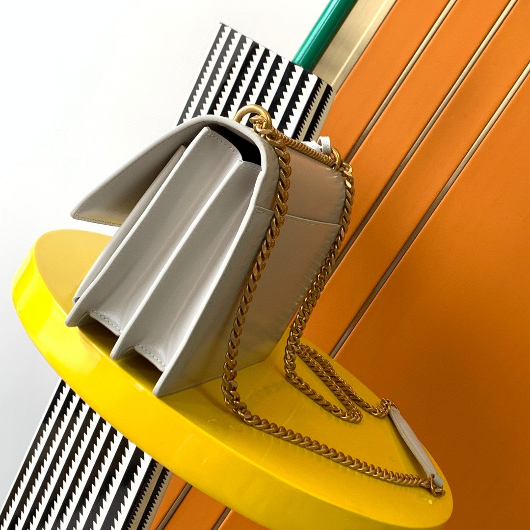 Saint Laurent YSL White Leather Sunset Shoulder Bag with Gold Hardware