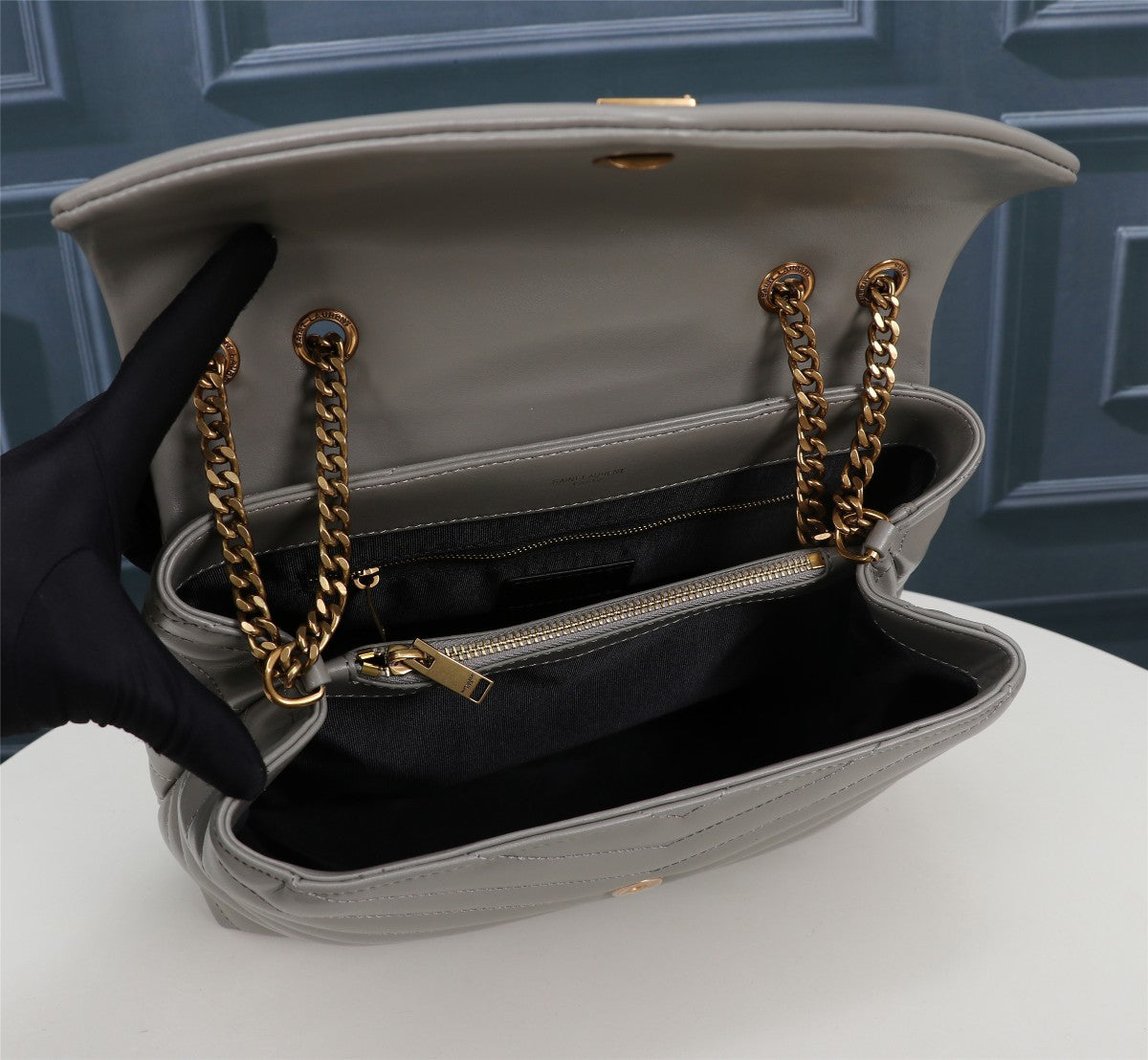Saint Laurent Small Loulou Quilted Leather Shoulder Bag - Grey with Gold Hardware