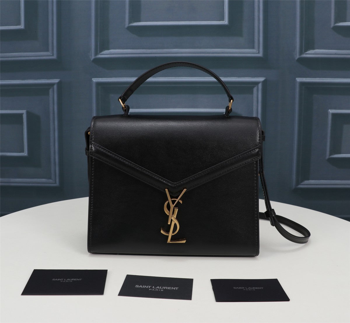 Saint Laurent Cassandra Medium Top Handle Bag in Black Leather