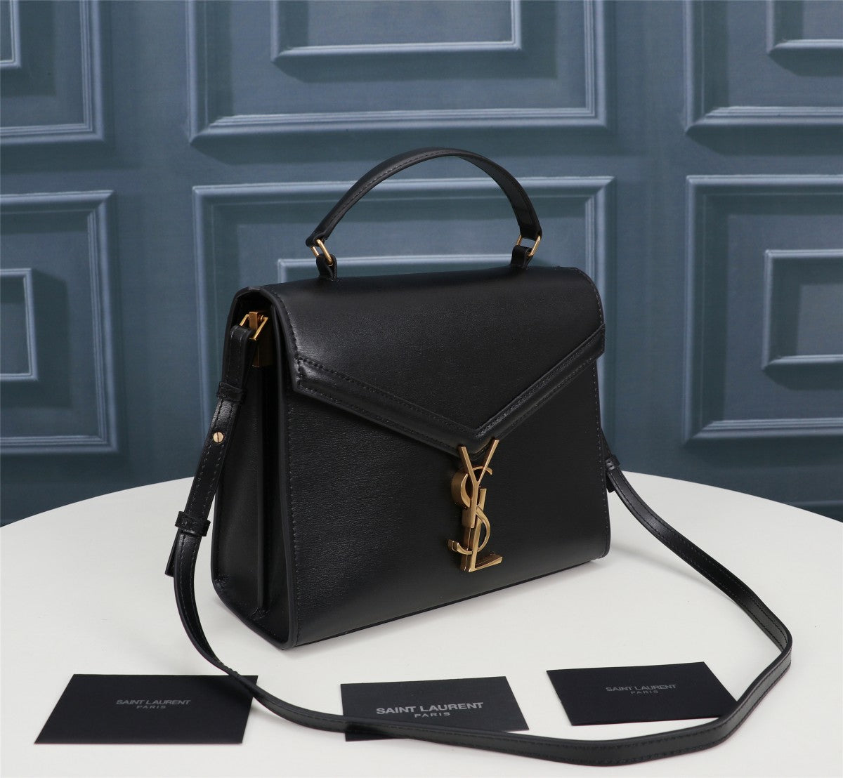 Saint Laurent Cassandra Medium Top Handle Bag in Black Leather