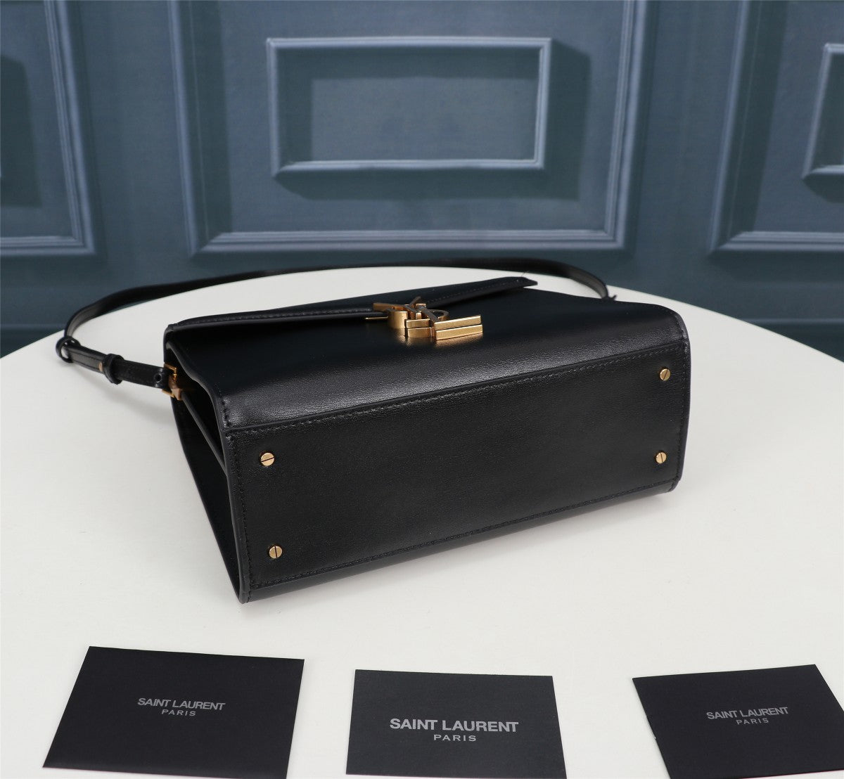 Saint Laurent Cassandra Medium Top Handle Bag in Black Leather