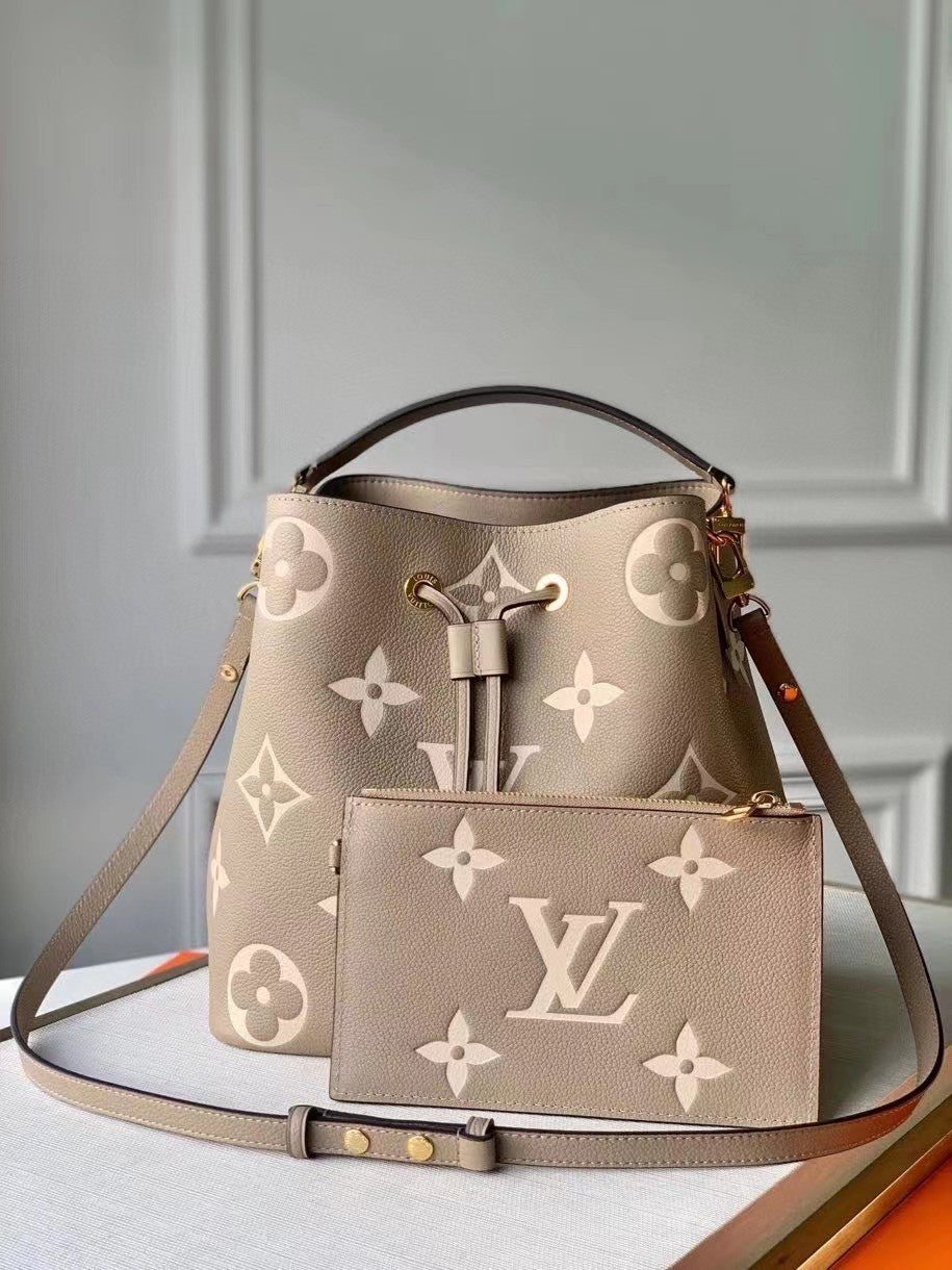 Louis Vuitton Elegant Taupe Monogram Leather Bucket Bag and Matching Pouch Set