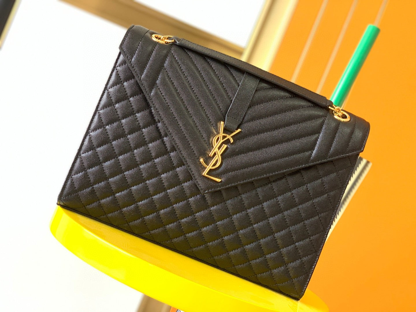 Saint Laurent Medium Envelope Bag in Black Quilted Leather with Gold Hardware