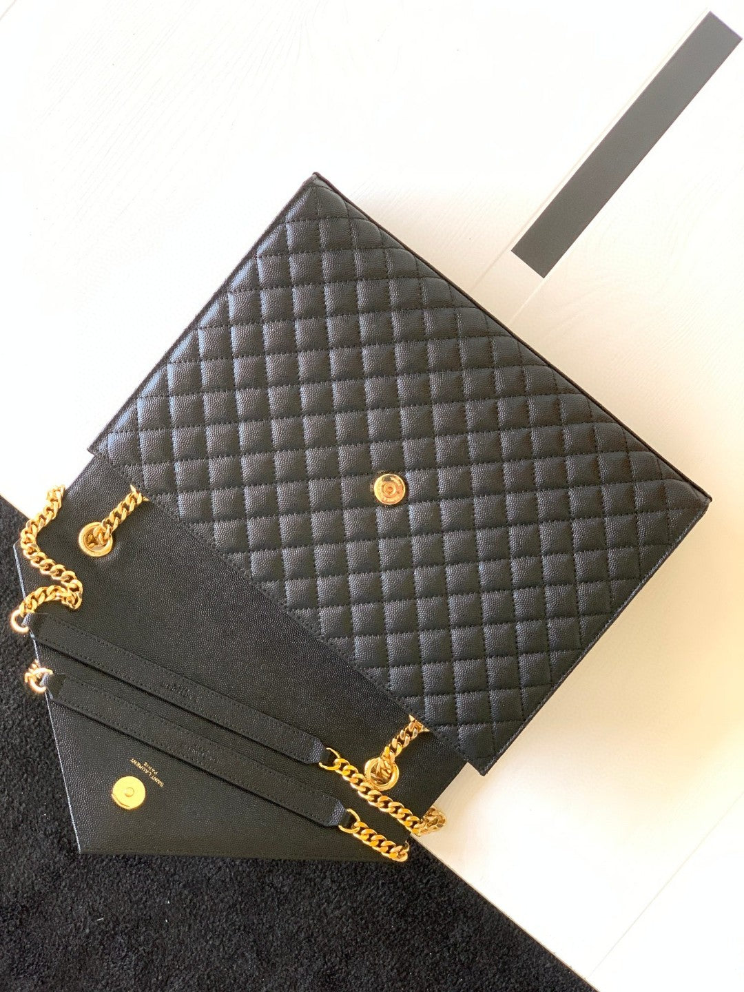 Saint Laurent Medium Envelope Bag in Black Quilted Leather with Gold Hardware
