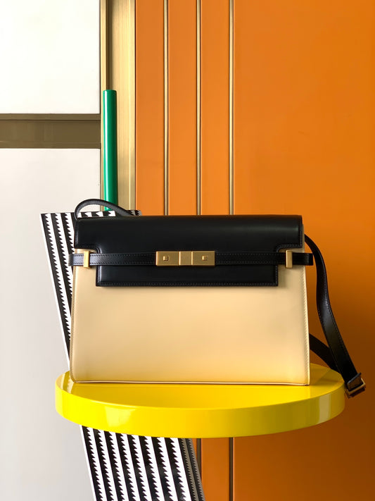 Two-Tone Cream and Black Leather Shoulder Bag with Gold Hardware