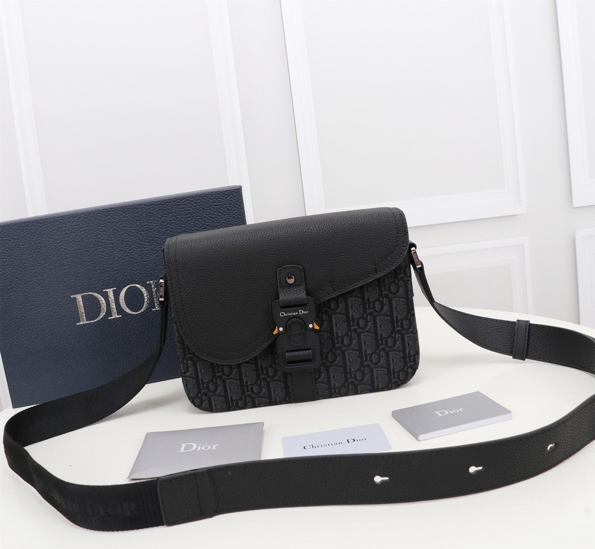Christian Dior Black Oblique Jacquard and Smooth Calfskin Messenger Bag
