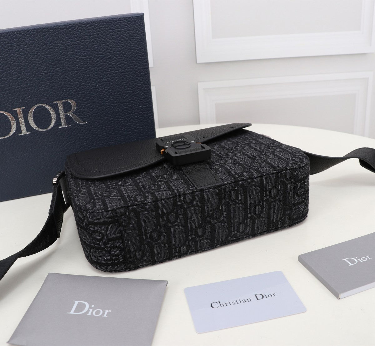 Christian Dior Black Oblique Jacquard and Smooth Calfskin Messenger Bag