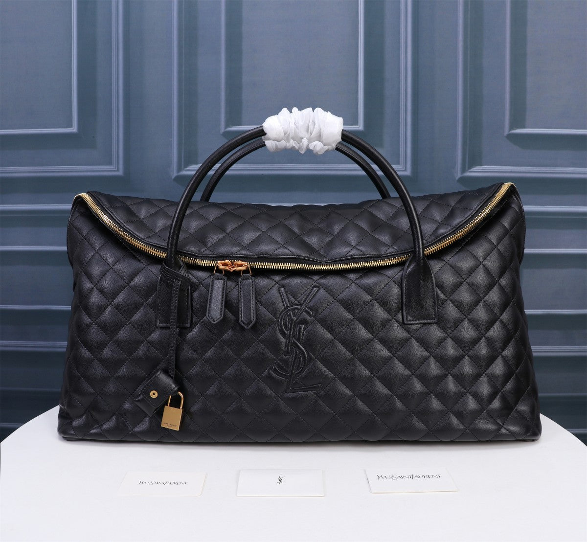 Black Quilted Leather Travel Bag - Luxury Large Duffle with Gold Hardware