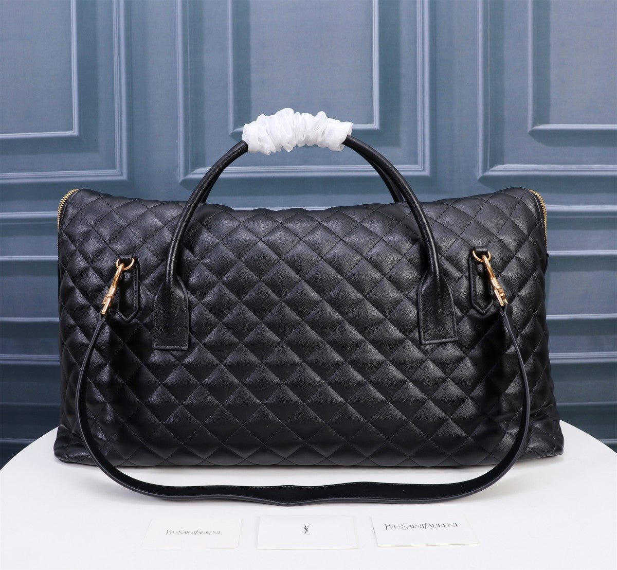 Black Quilted Leather Travel Bag - Luxury Large Duffle with Gold Hardware