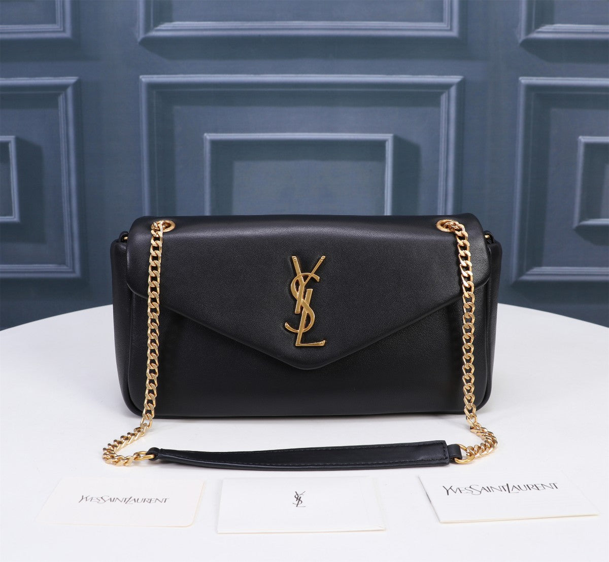 Saint Laurent Monogram Black Leather Flap Shoulder Bag with Gold Hardware