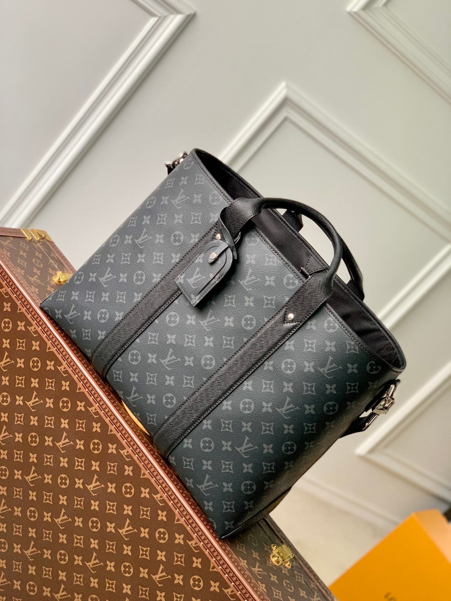 Men's Monogram Canvas Briefcase - Black Designer Tote Bag with Leather Trim