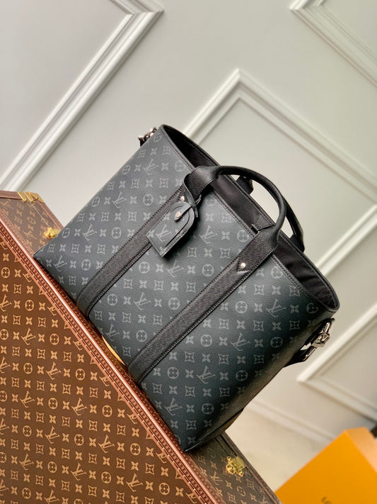 Men's Monogram Canvas Briefcase - Black Designer Tote Bag with Leather Trim