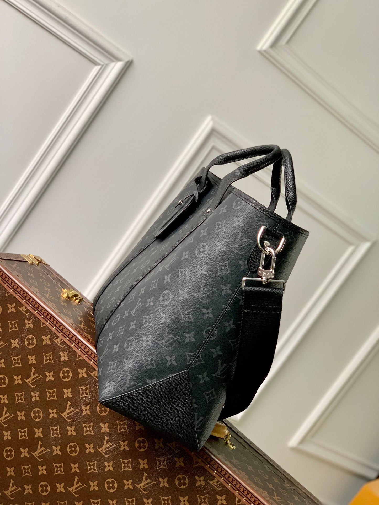Men's Monogram Canvas Briefcase - Black Designer Tote Bag with Leather Trim
