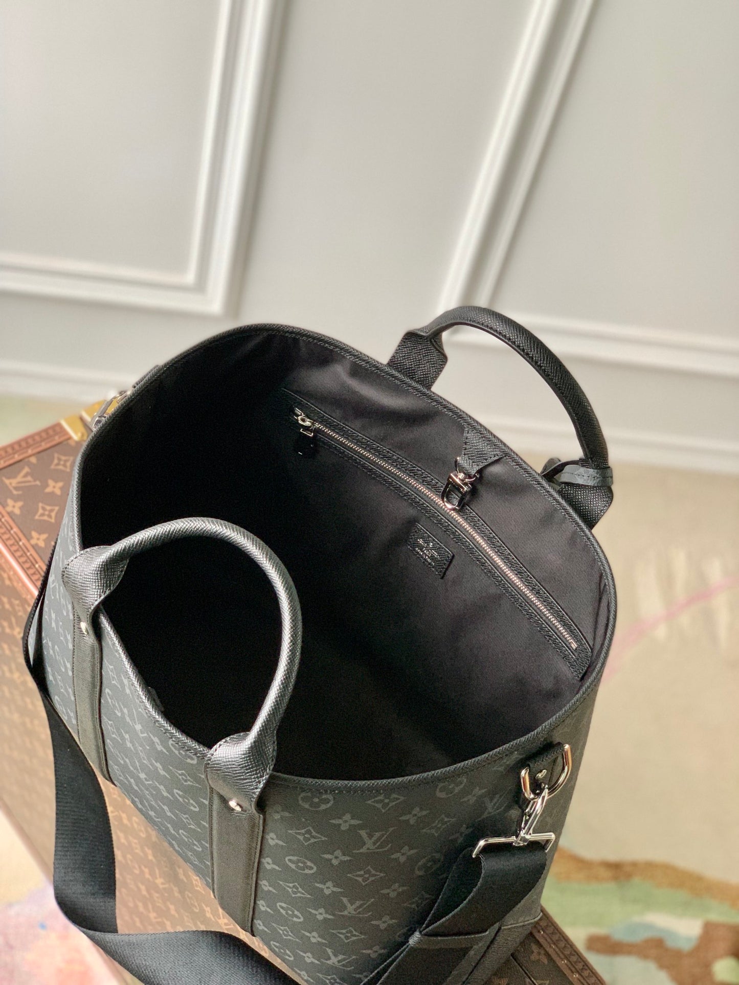 Men's Monogram Canvas Briefcase - Black Designer Tote Bag with Leather Trim