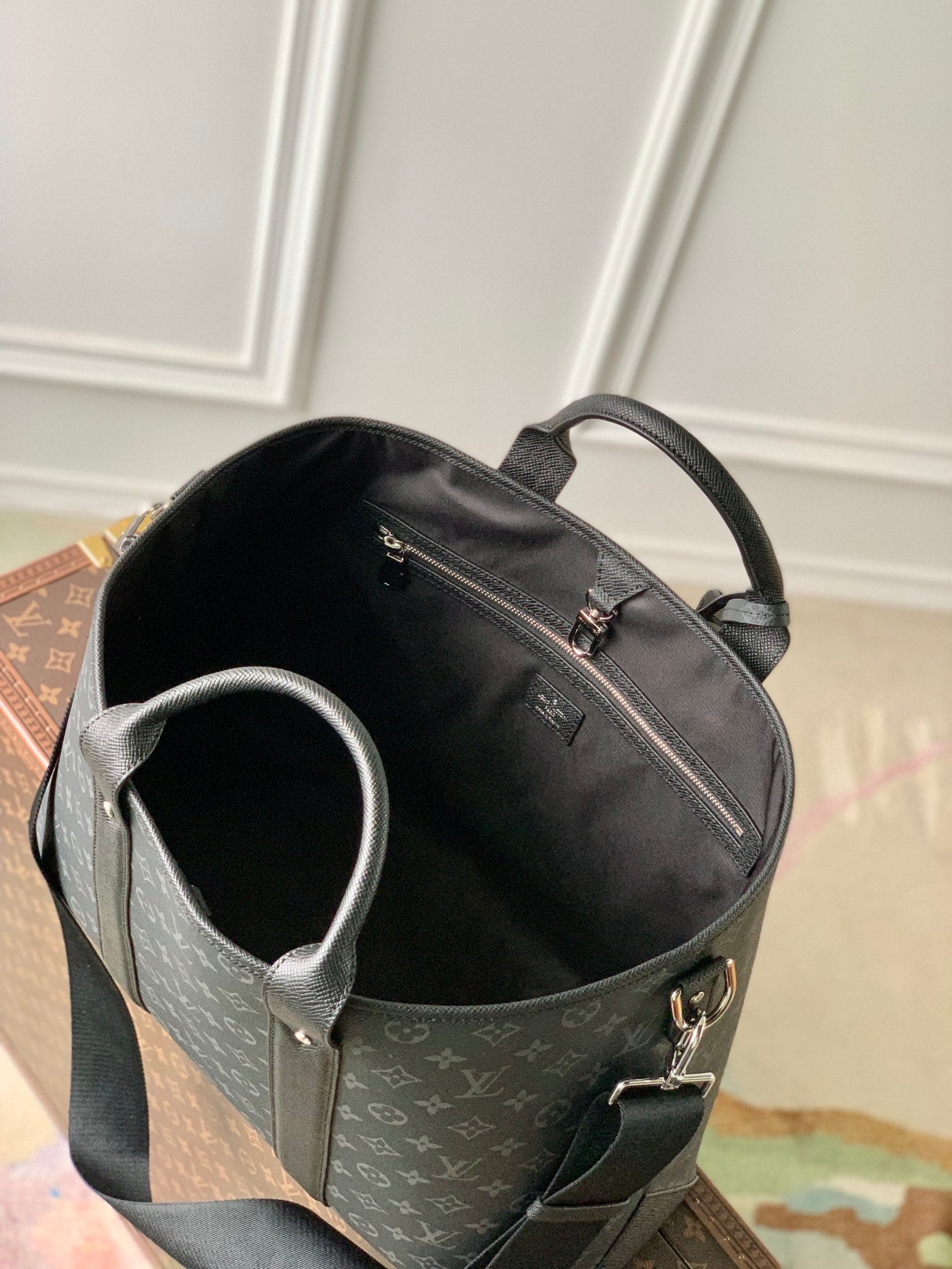 Men's Monogram Canvas Briefcase - Black Designer Tote Bag with Leather Trim