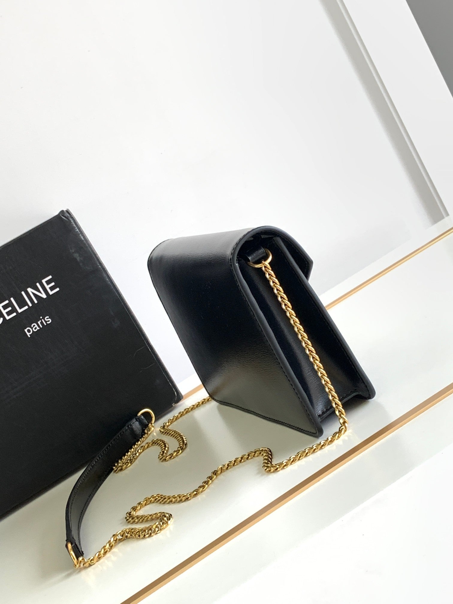 Celine Triomphe Wallet on Chain in Black Shiny Calfskin with Gold Hardware