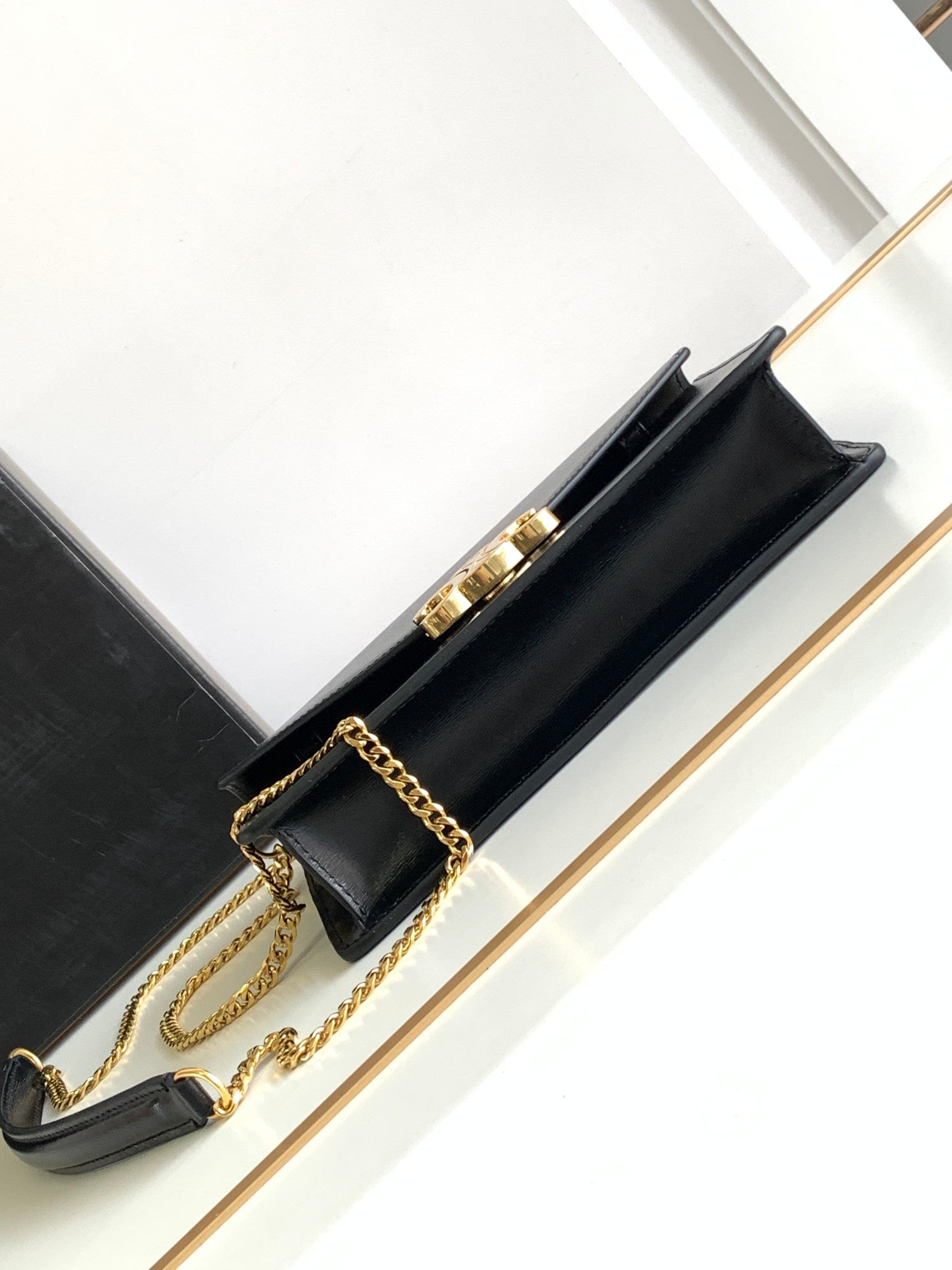 Celine Triomphe Wallet on Chain in Black Shiny Calfskin with Gold Hardware