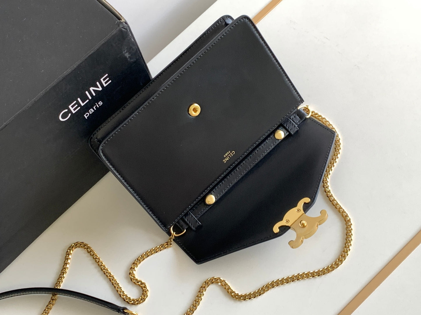 Celine Triomphe Wallet on Chain in Black Shiny Calfskin with Gold Hardware