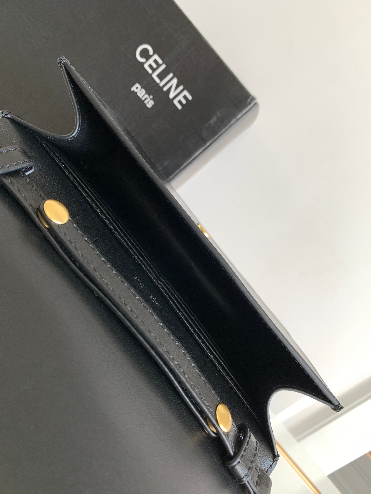 Celine Triomphe Wallet on Chain in Black Shiny Calfskin with Gold Hardware