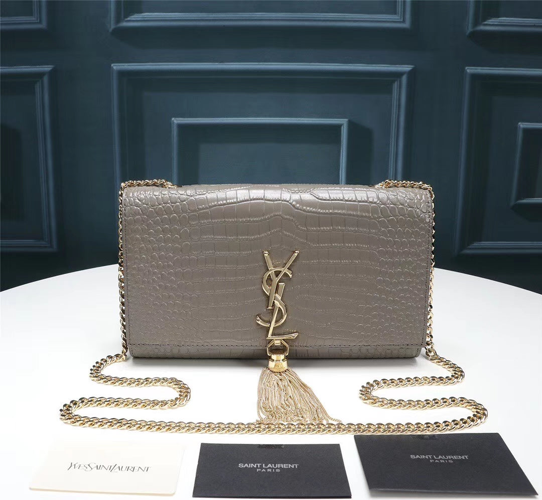 Saint Laurent Small Kate Tassel Shoulder Bag in Grey Croc-Embossed Leather