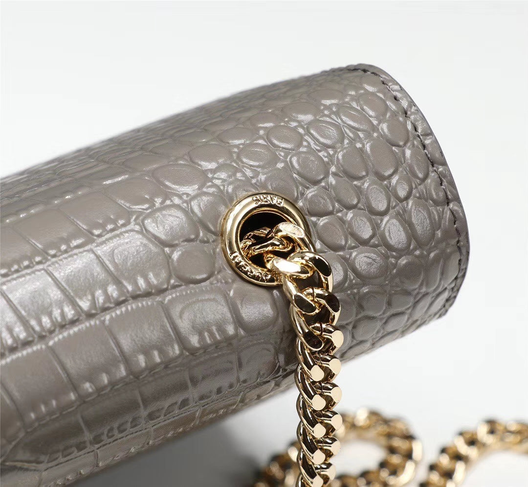 Saint Laurent Small Kate Tassel Shoulder Bag in Grey Croc-Embossed Leather