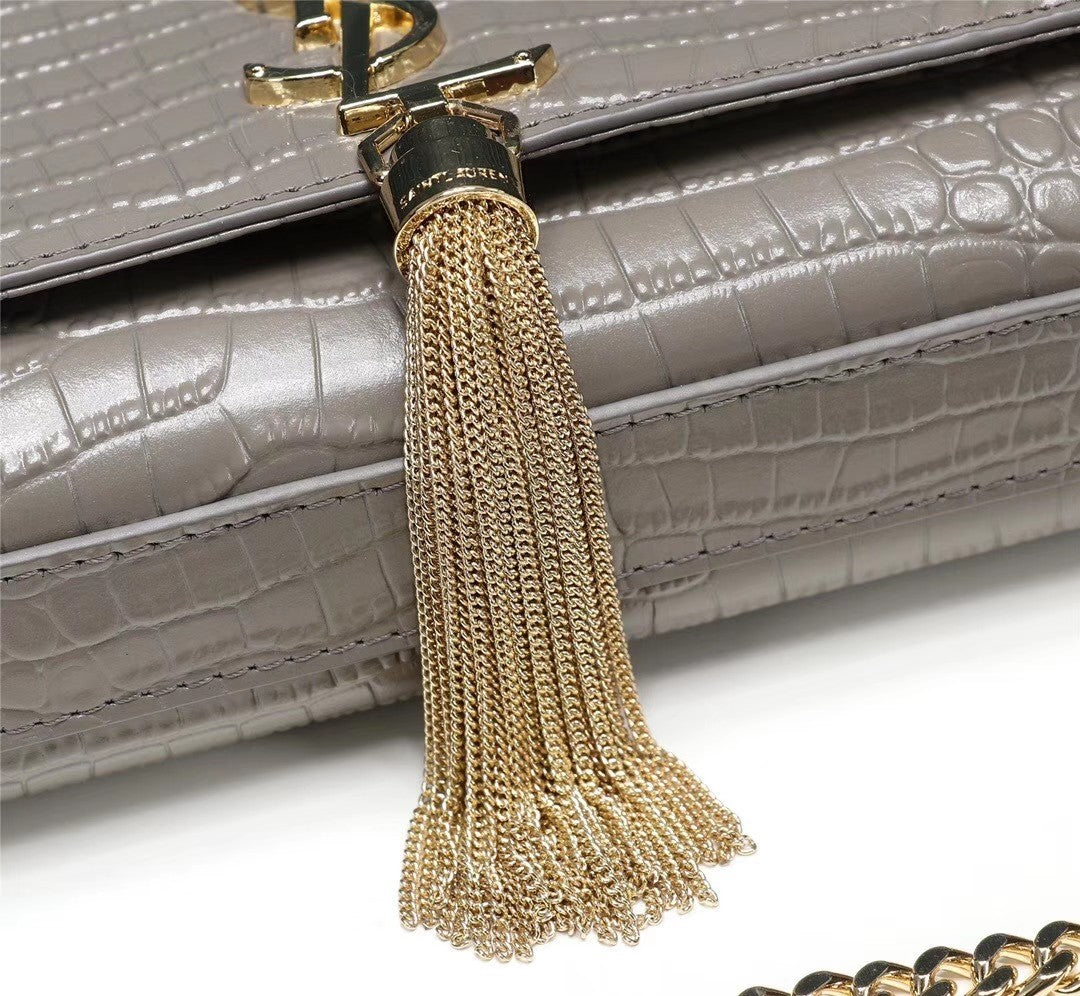 Saint Laurent Small Kate Tassel Shoulder Bag in Grey Croc-Embossed Leather
