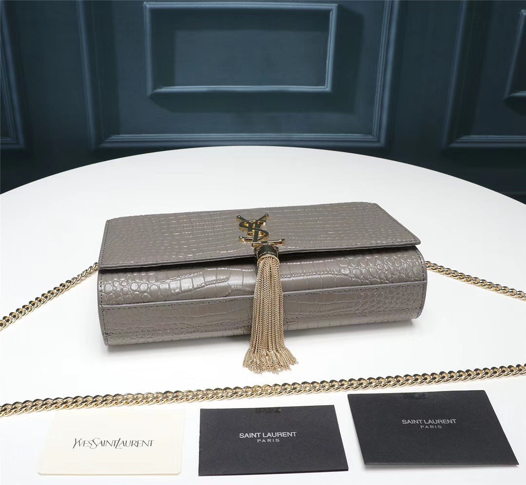 Saint Laurent Small Kate Tassel Shoulder Bag in Grey Croc-Embossed Leather
