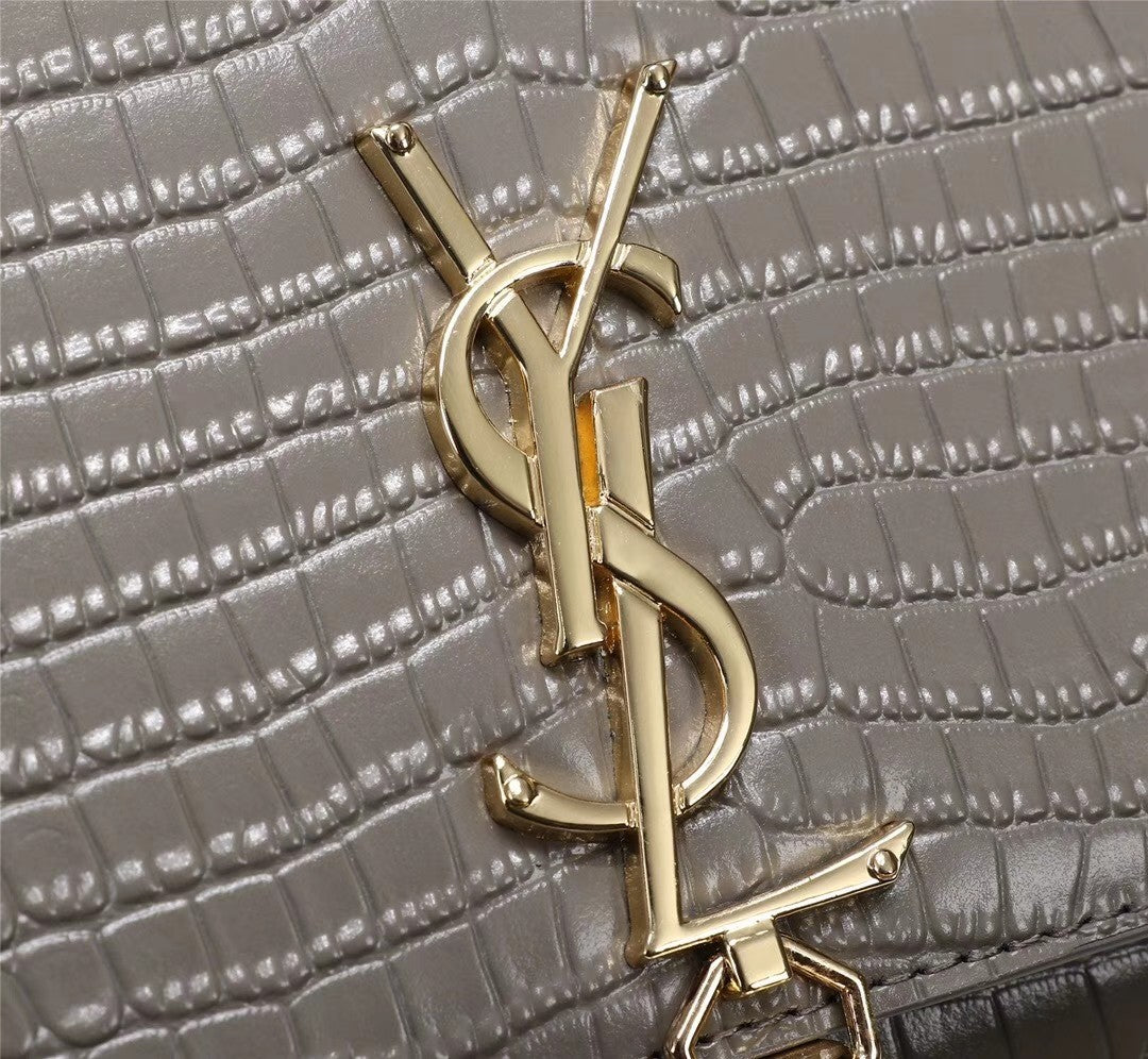 Saint Laurent Small Kate Tassel Shoulder Bag in Grey Croc-Embossed Leather