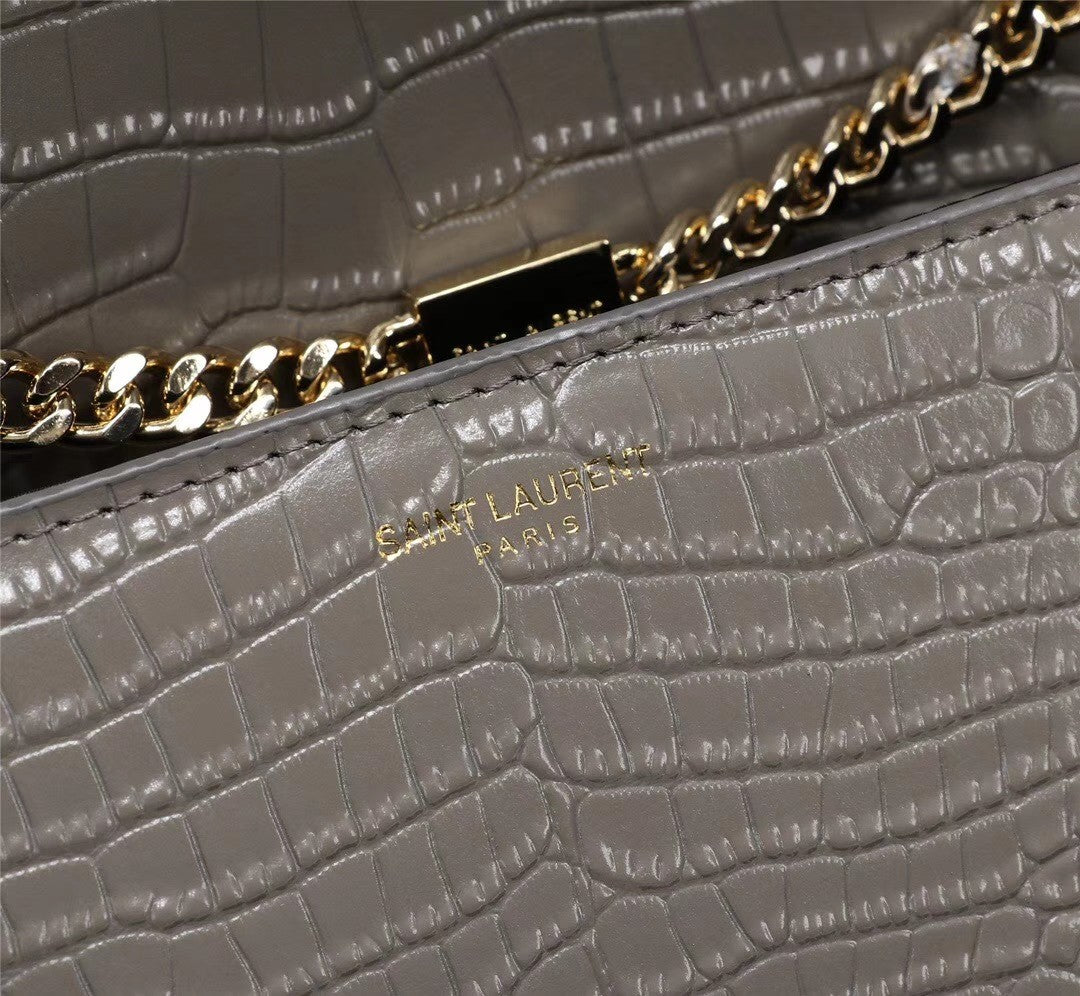 Saint Laurent Small Kate Tassel Shoulder Bag in Grey Croc-Embossed Leather