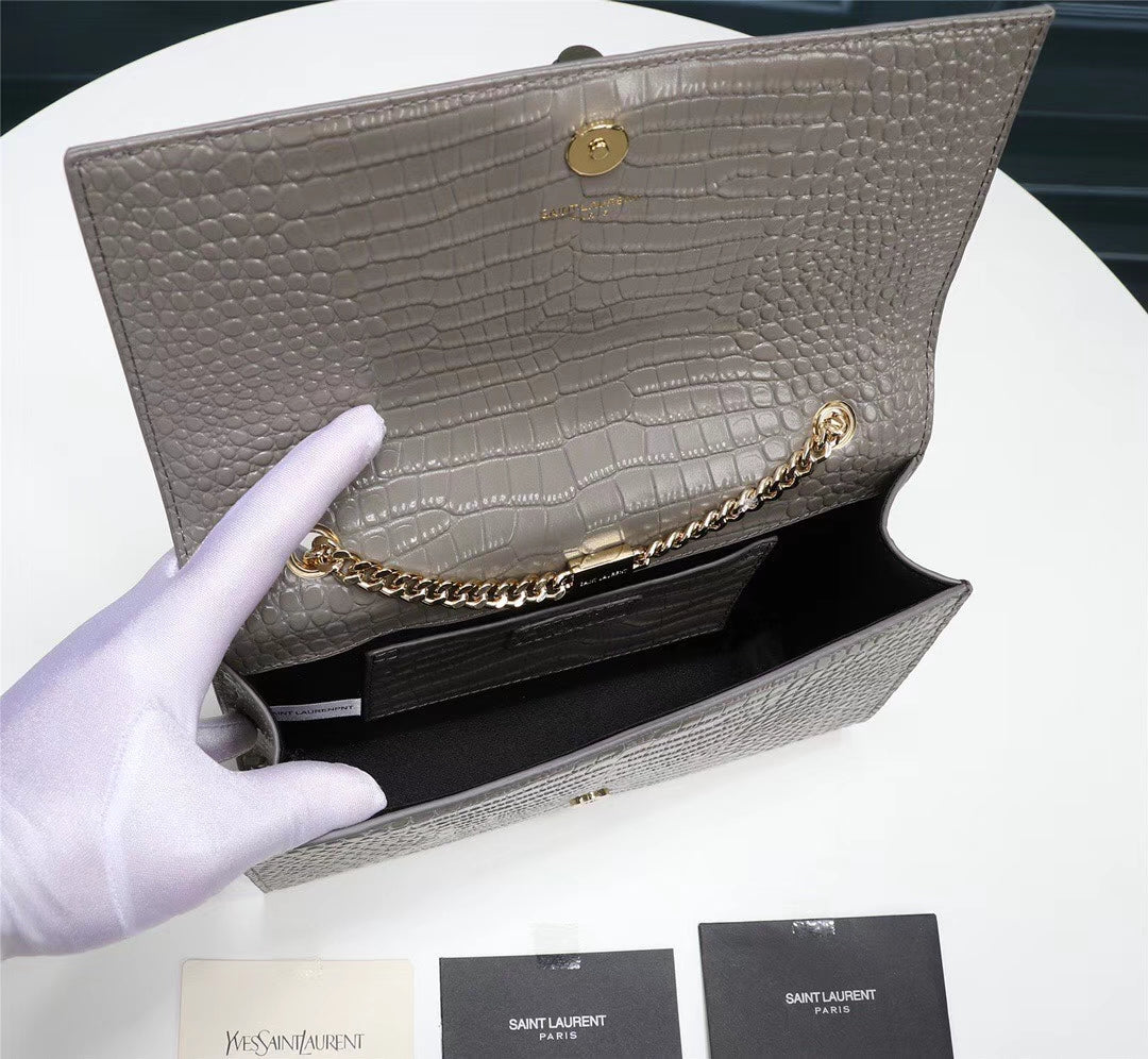 Saint Laurent Small Kate Tassel Shoulder Bag in Grey Croc-Embossed Leather