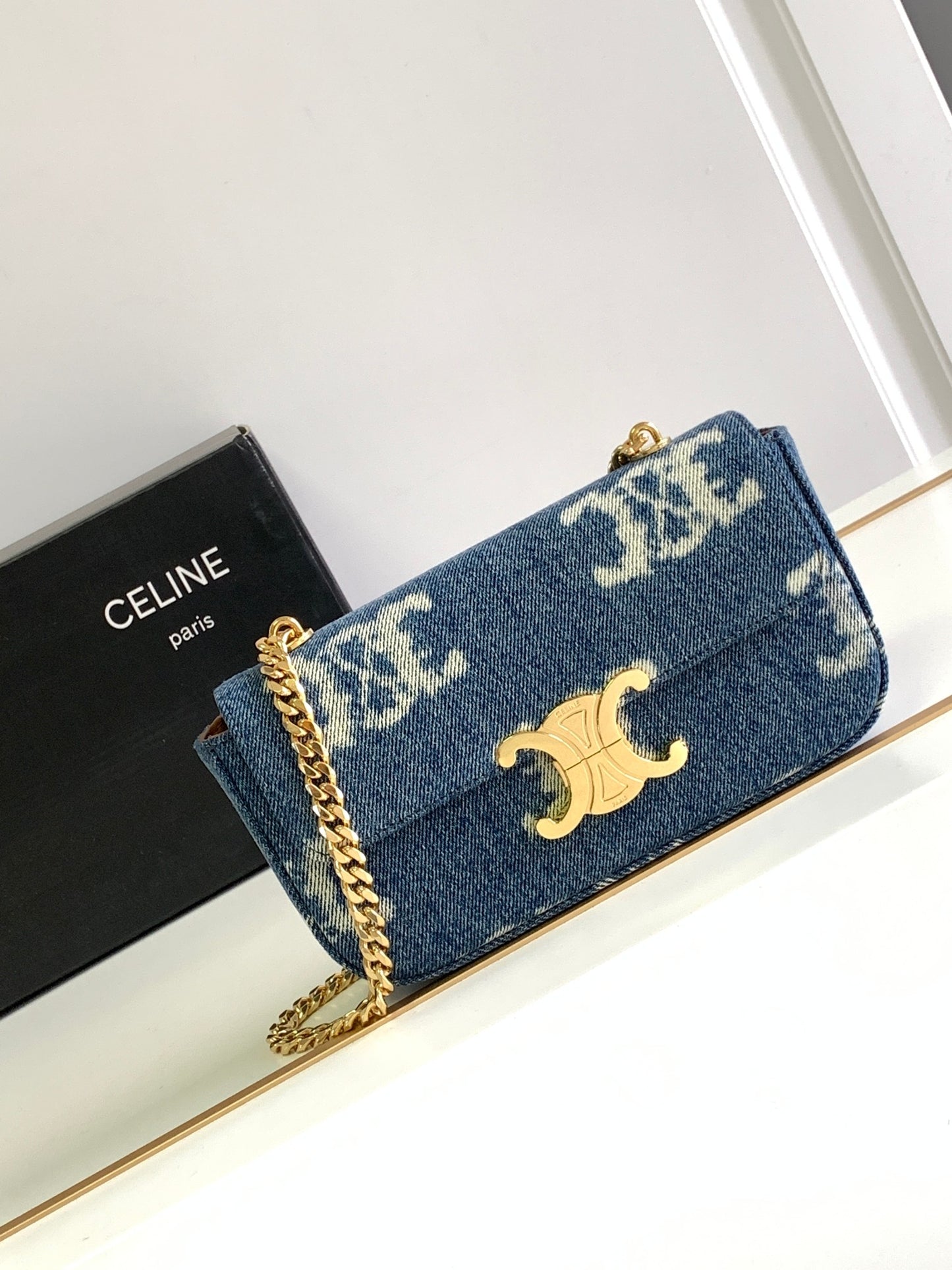 Celine Triomphe Chain Shoulder Bag in Denim with Gold-Tone Hardware