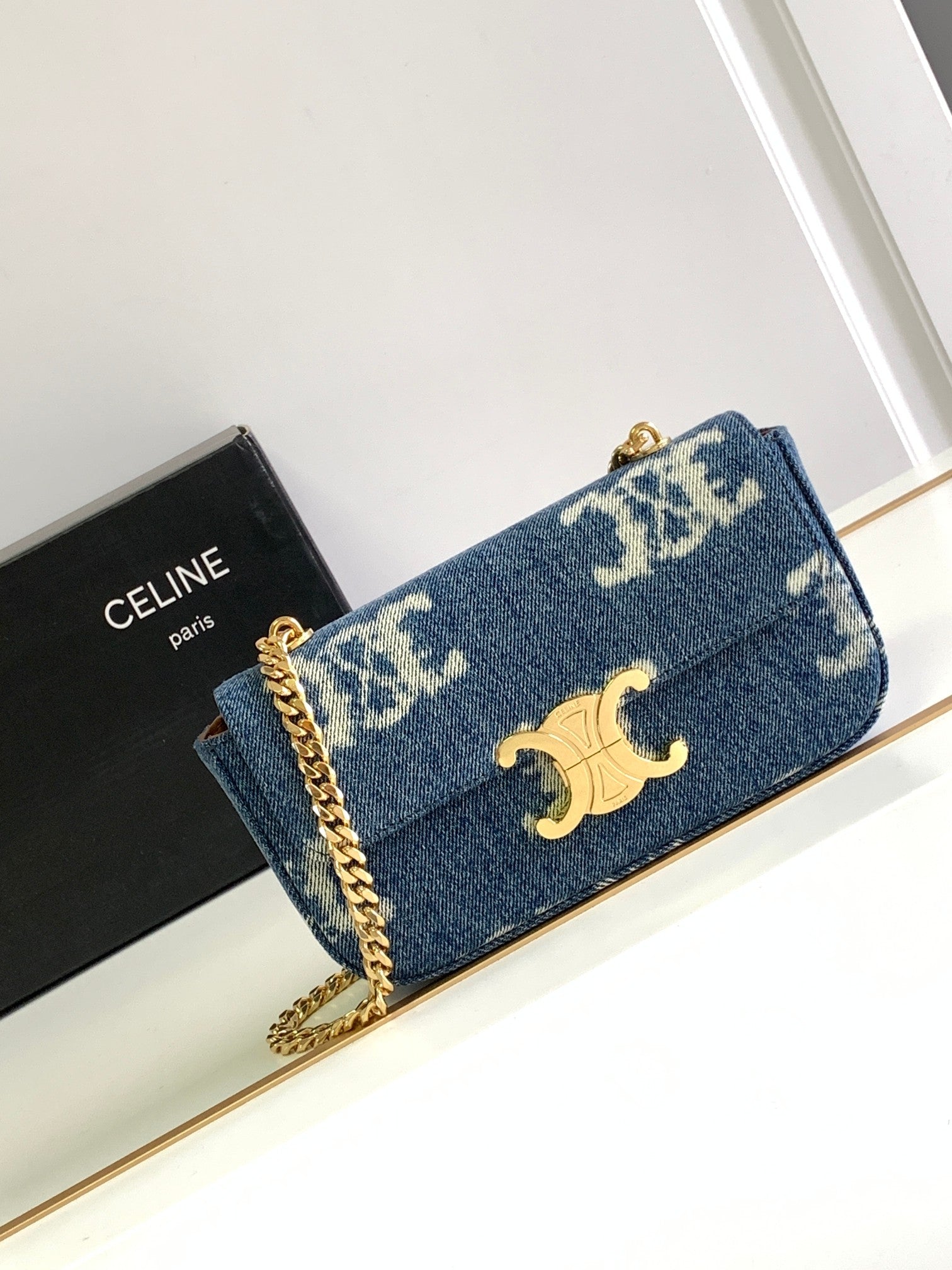 Celine Triomphe Chain Shoulder Bag in Denim with Gold-Tone Hardware