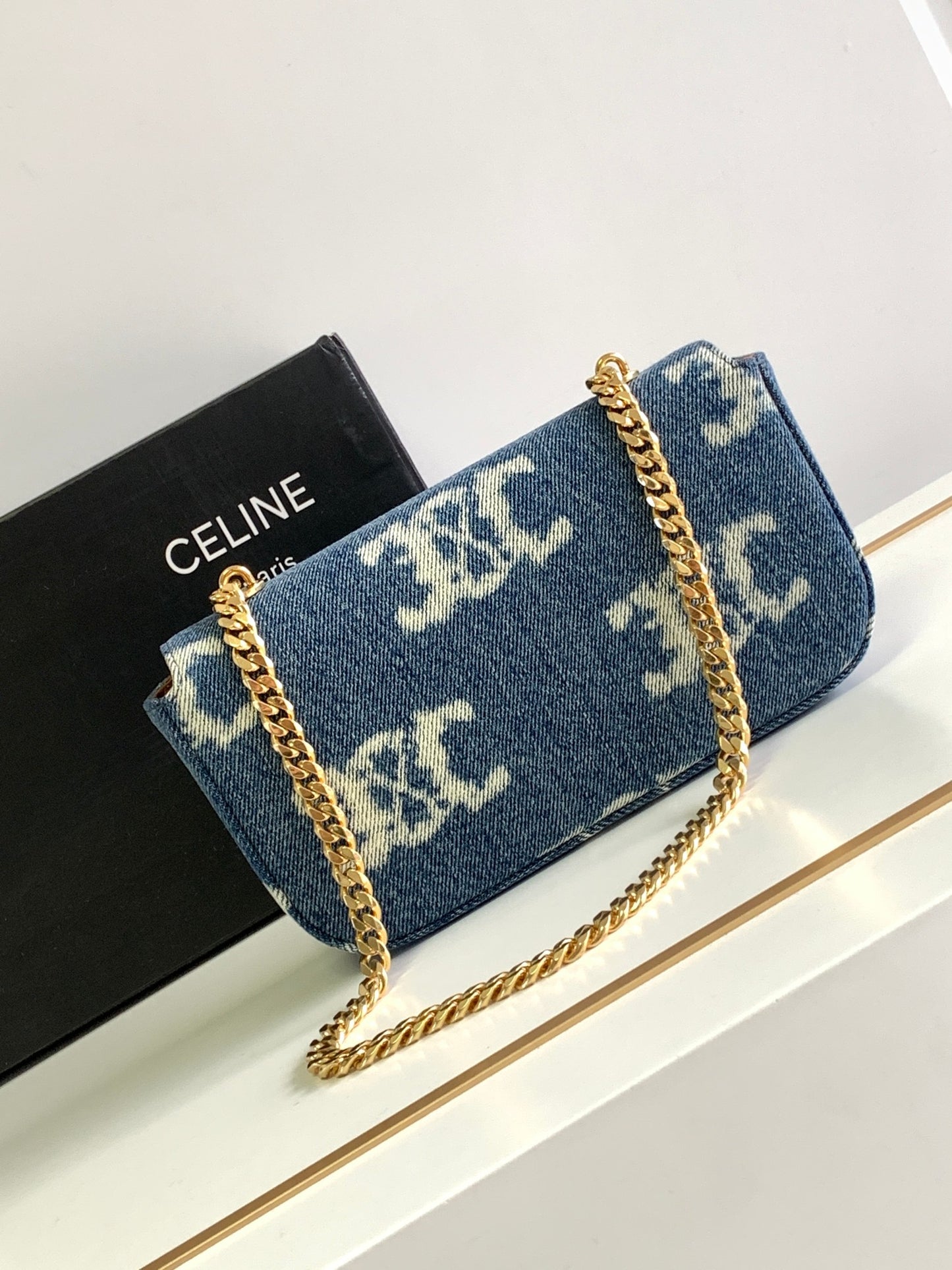 Celine Triomphe Chain Shoulder Bag in Denim with Gold-Tone Hardware