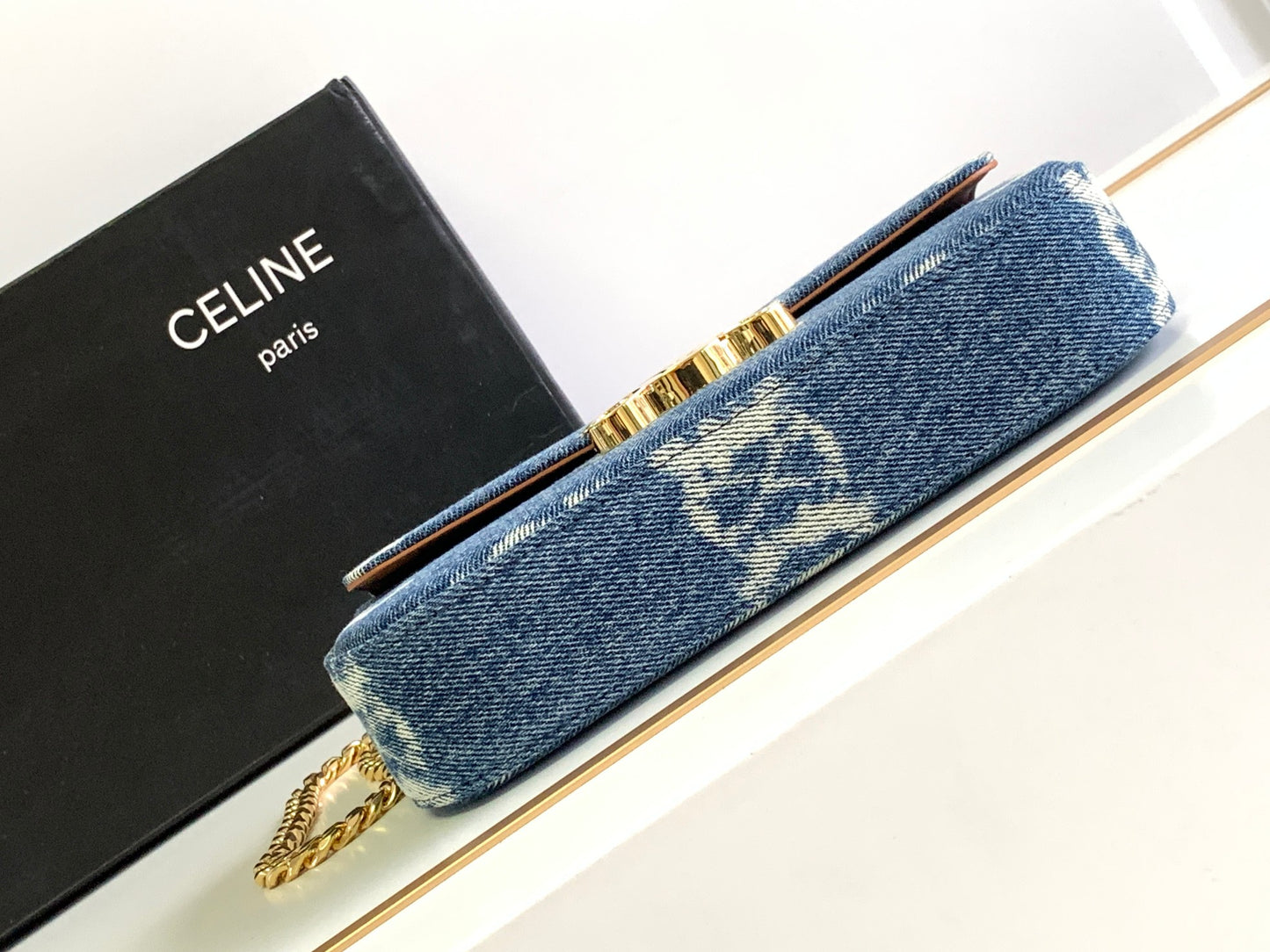 Celine Triomphe Chain Shoulder Bag in Denim with Gold-Tone Hardware