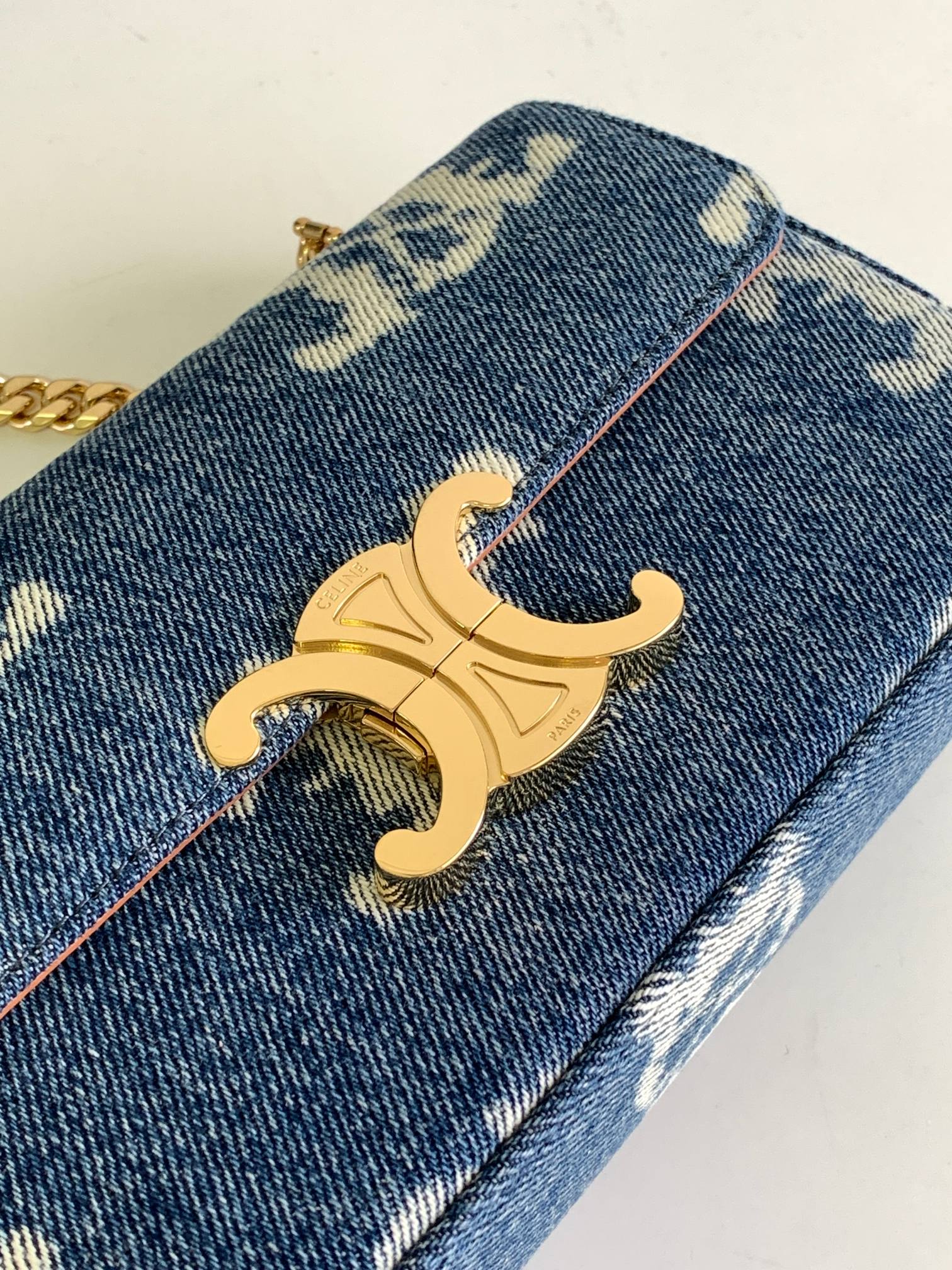 Celine Triomphe Chain Shoulder Bag in Denim with Gold-Tone Hardware