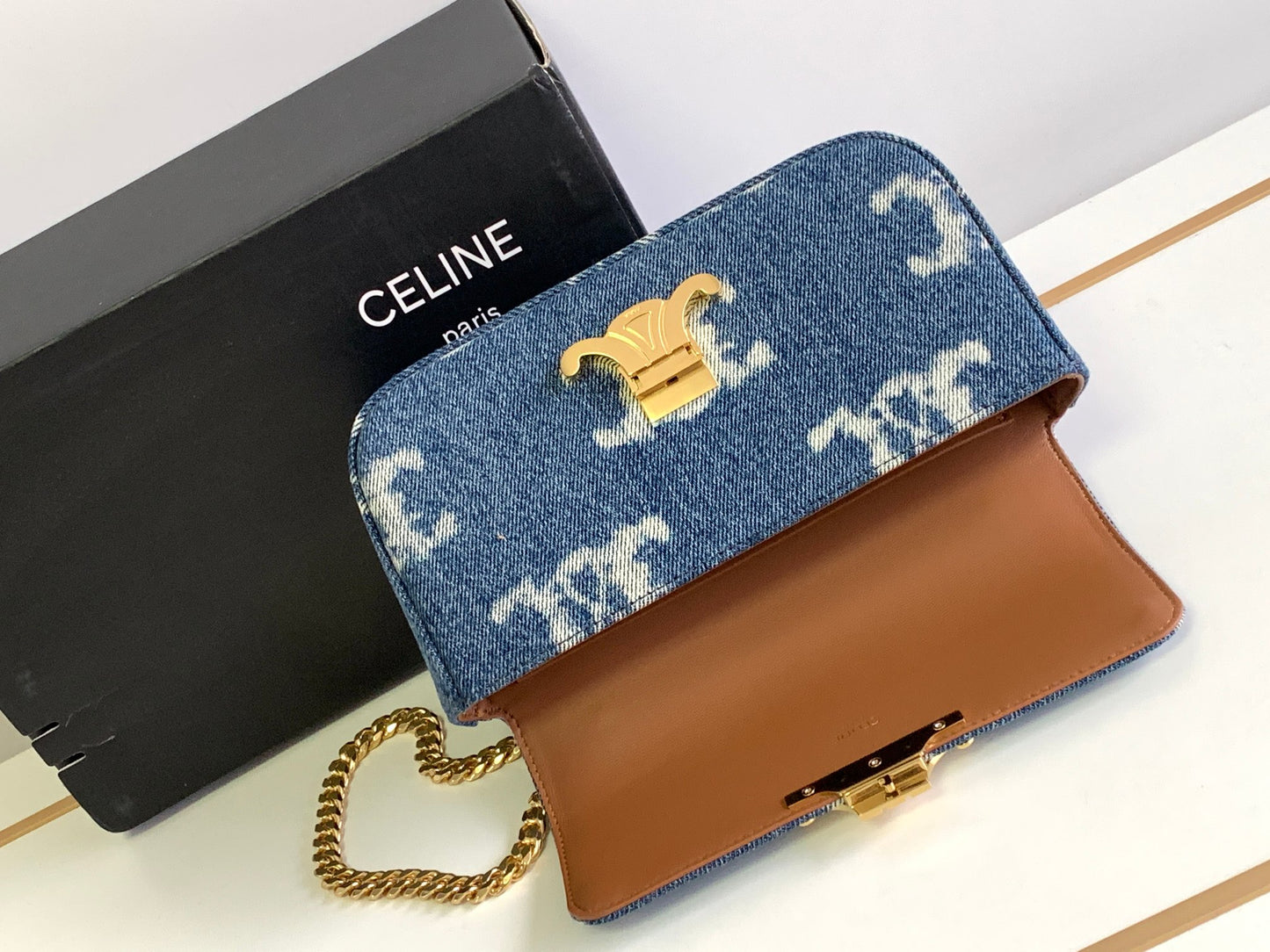 Celine Triomphe Chain Shoulder Bag in Denim with Gold-Tone Hardware