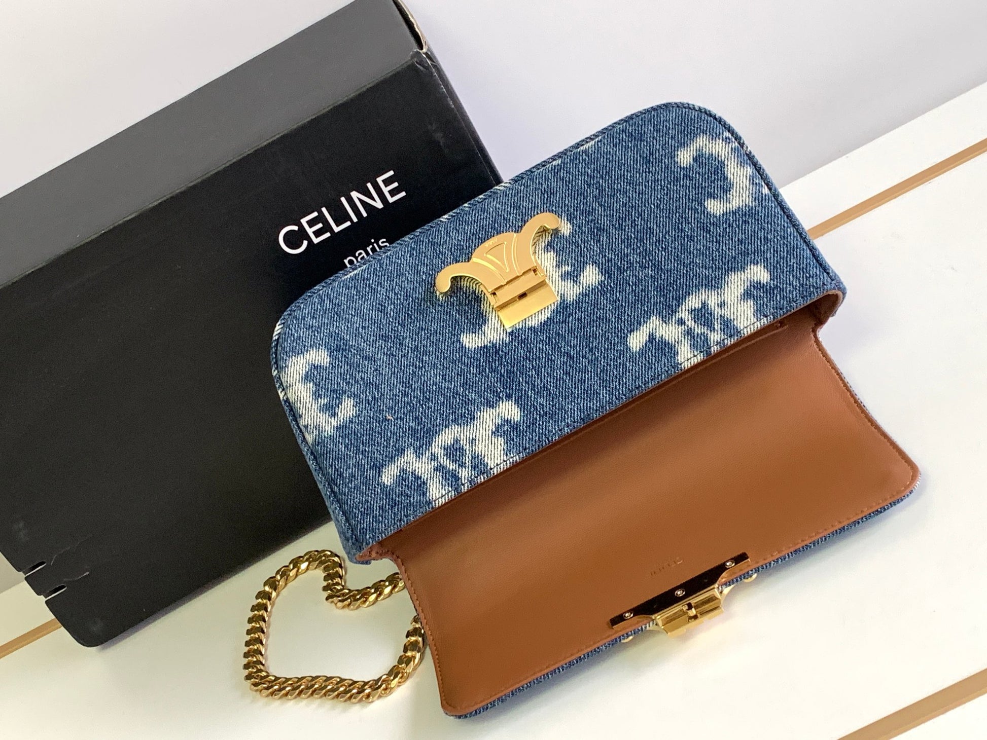 Celine Triomphe Chain Shoulder Bag in Denim with Gold-Tone Hardware
