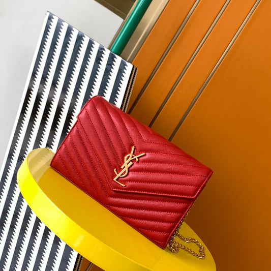 Saint Laurent Cassandre Matelassé Small Envelope Wallet on Chain in Red Leather
