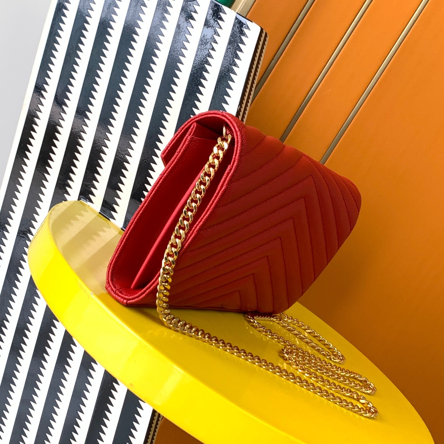 Saint Laurent Cassandre Matelassé Small Envelope Wallet on Chain in Red Leather