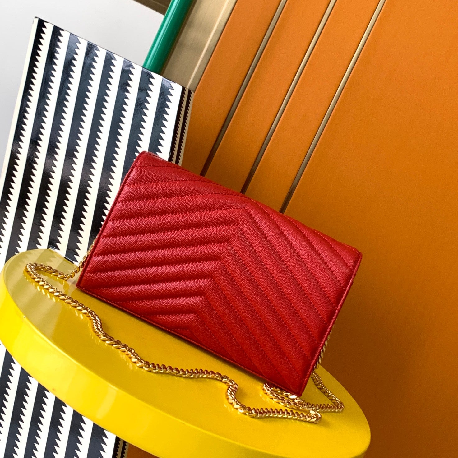 Saint Laurent Cassandre Matelassé Small Envelope Wallet on Chain in Red Leather
