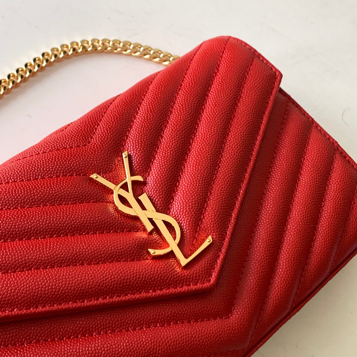 Saint Laurent Cassandre Matelassé Small Envelope Wallet on Chain in Red Leather
