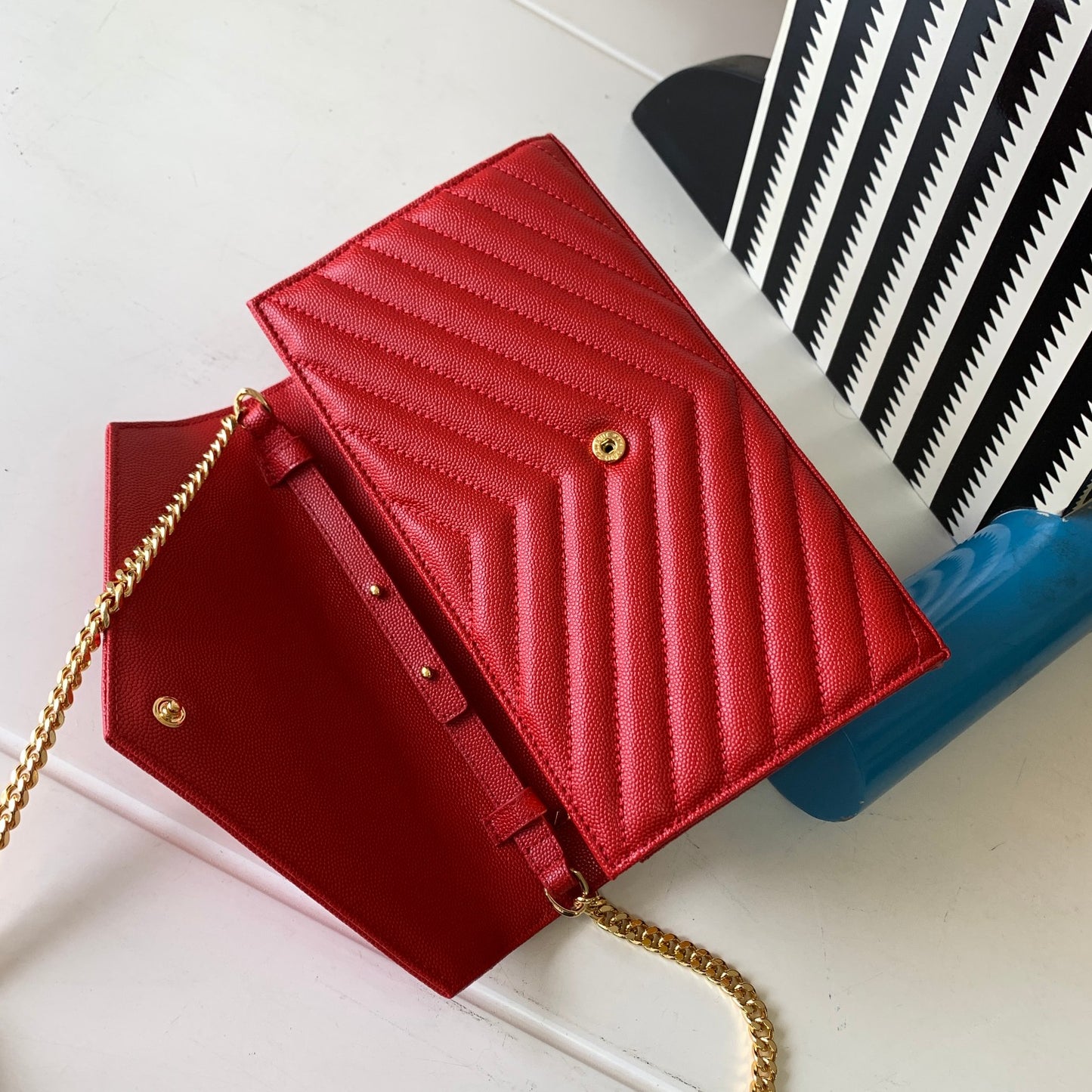 Saint Laurent Cassandre Matelassé Small Envelope Wallet on Chain in Red Leather