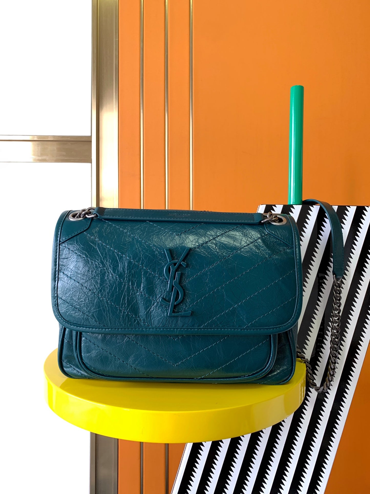 Saint Laurent Niki Medium Shoulder Bag in Crinkled Vintage Leather - Teal