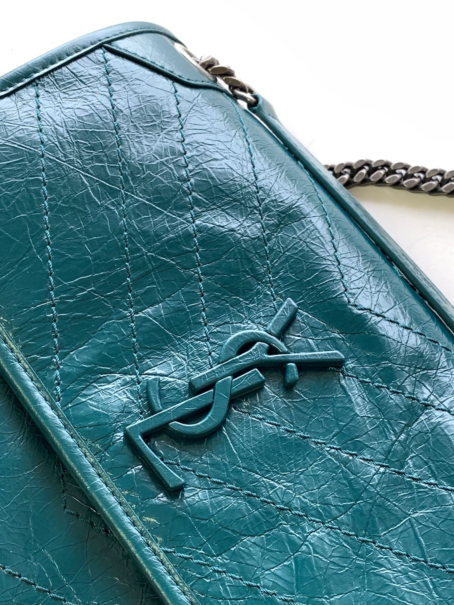 Saint Laurent Niki Medium Shoulder Bag in Crinkled Vintage Leather - Teal