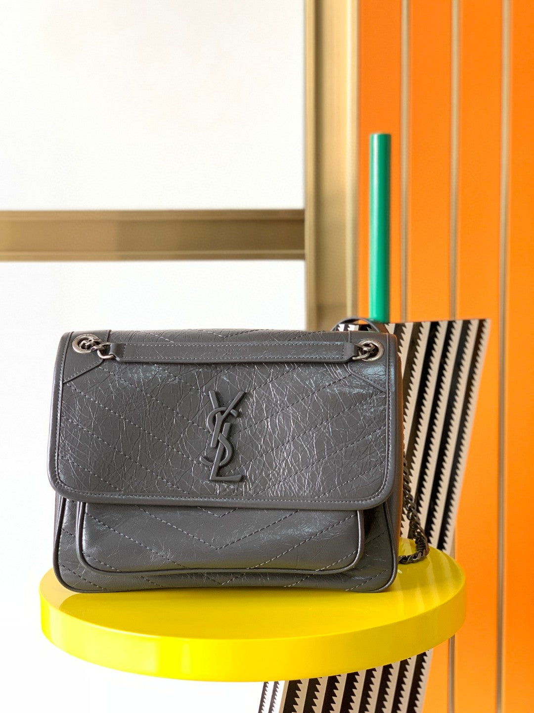 Saint Laurent Medium Niki Bag in Grey Crinkled Leather