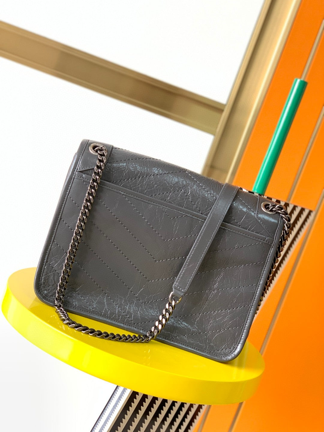 Saint Laurent Medium Niki Bag in Grey Crinkled Leather