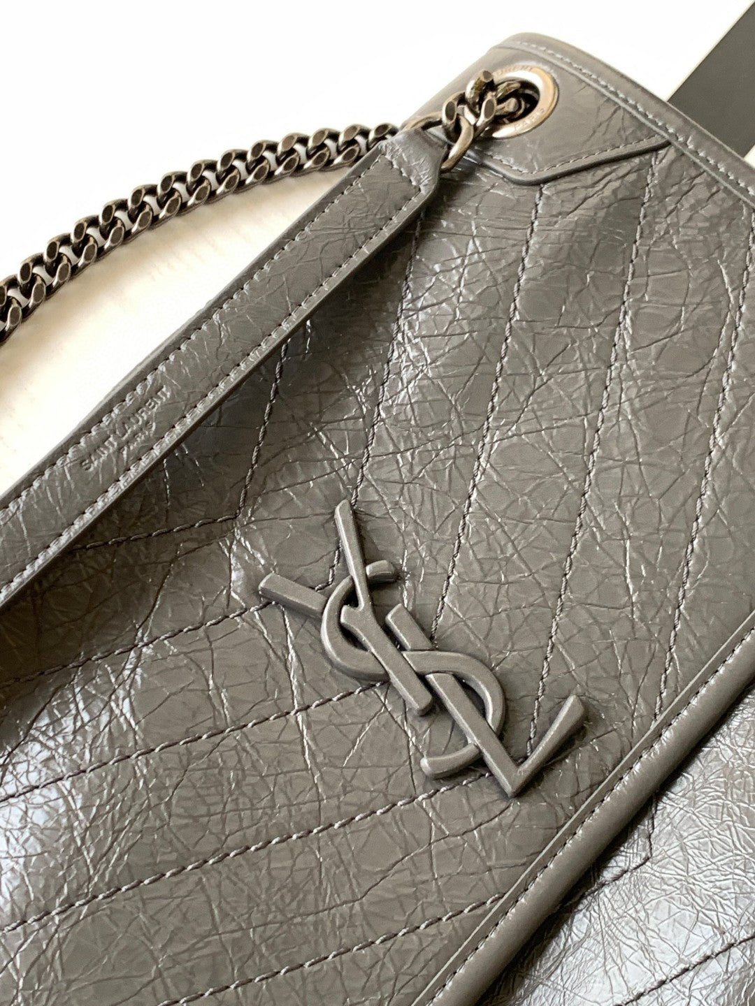 Saint Laurent Medium Niki Bag in Grey Crinkled Leather