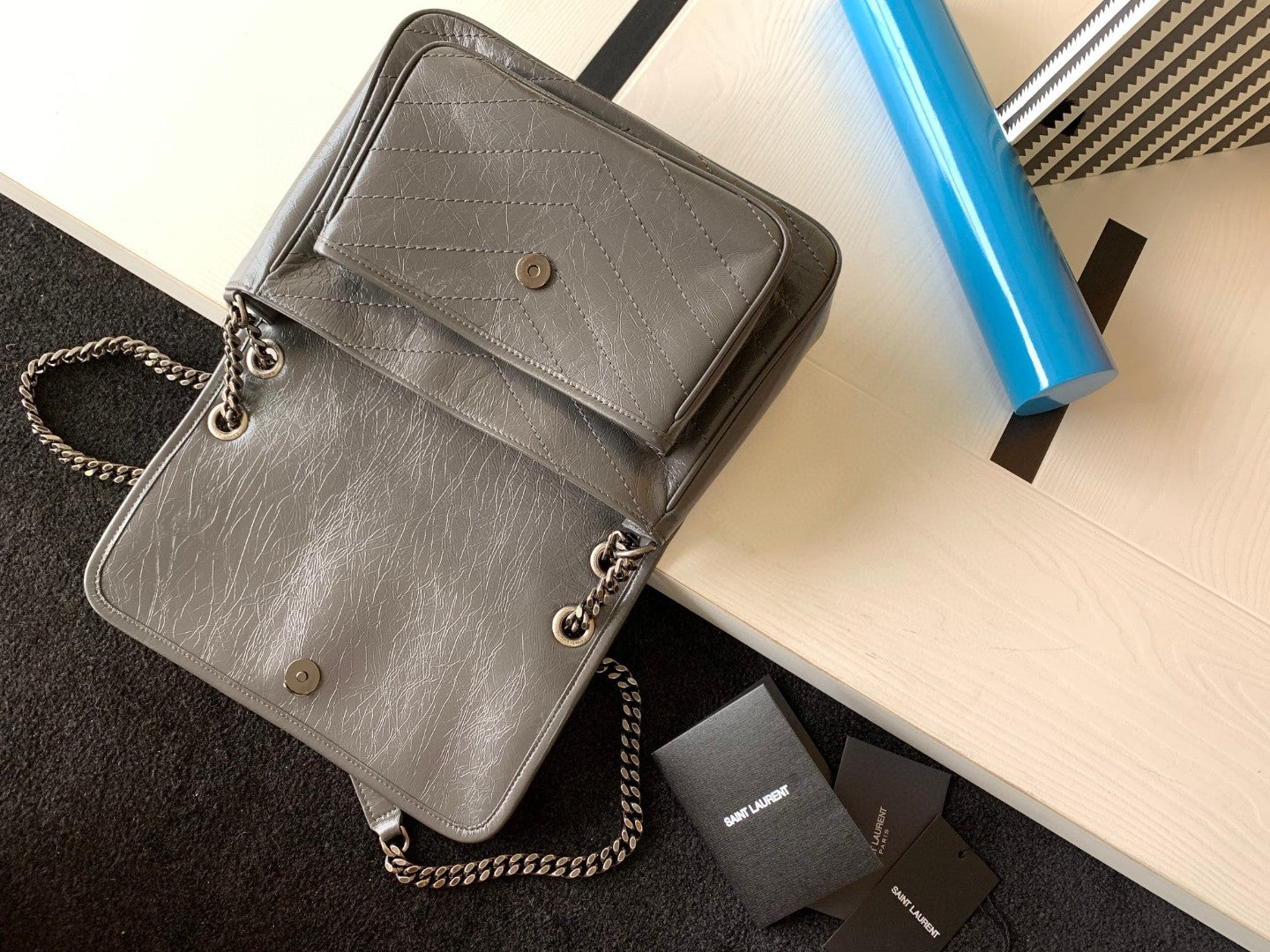 Saint Laurent Medium Niki Bag in Grey Crinkled Leather