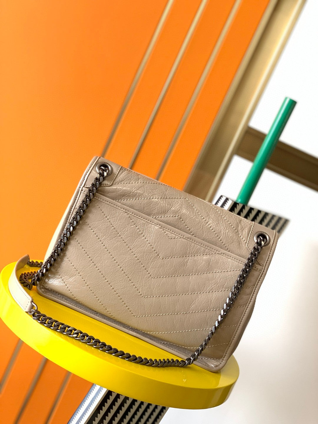 Saint Laurent Niki Medium Shoulder Bag in Beige Crinkled Leather